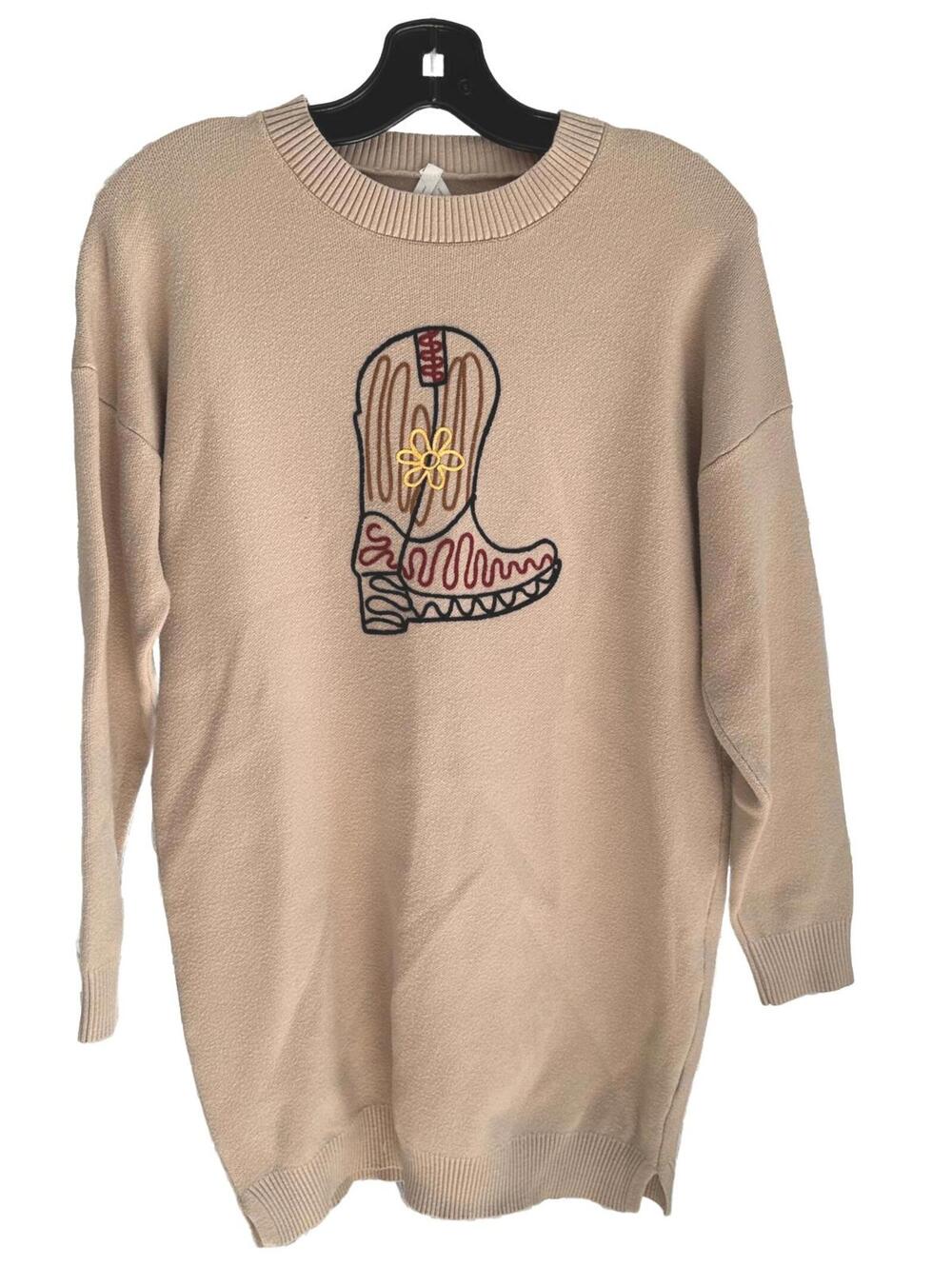 Dreamers by Debut Women Beige Cowboy Boot Embroidered Sweater Dress Western -M